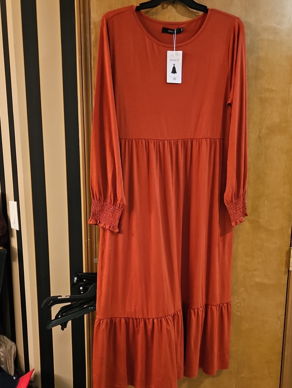 Zinica Women's Long Sleeve Tiered Dress in Rust Orange